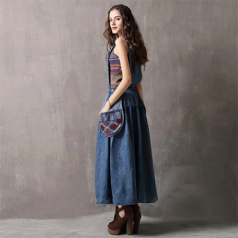 Elegant Embroidered Denim Overall Dress