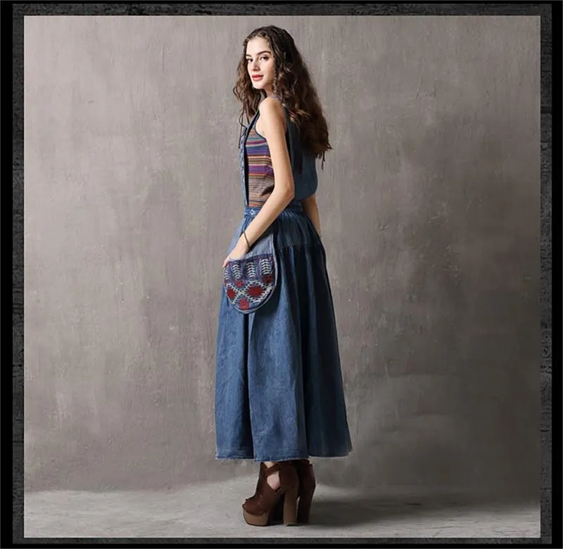 Elegant Embroidered Denim Overall Dress