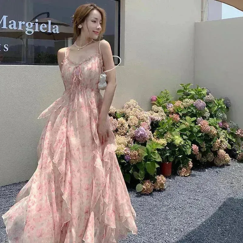 Elegant Floral Flare Sleeveless Long Maxi Dress Casual Outdoor Summer Dress for Women