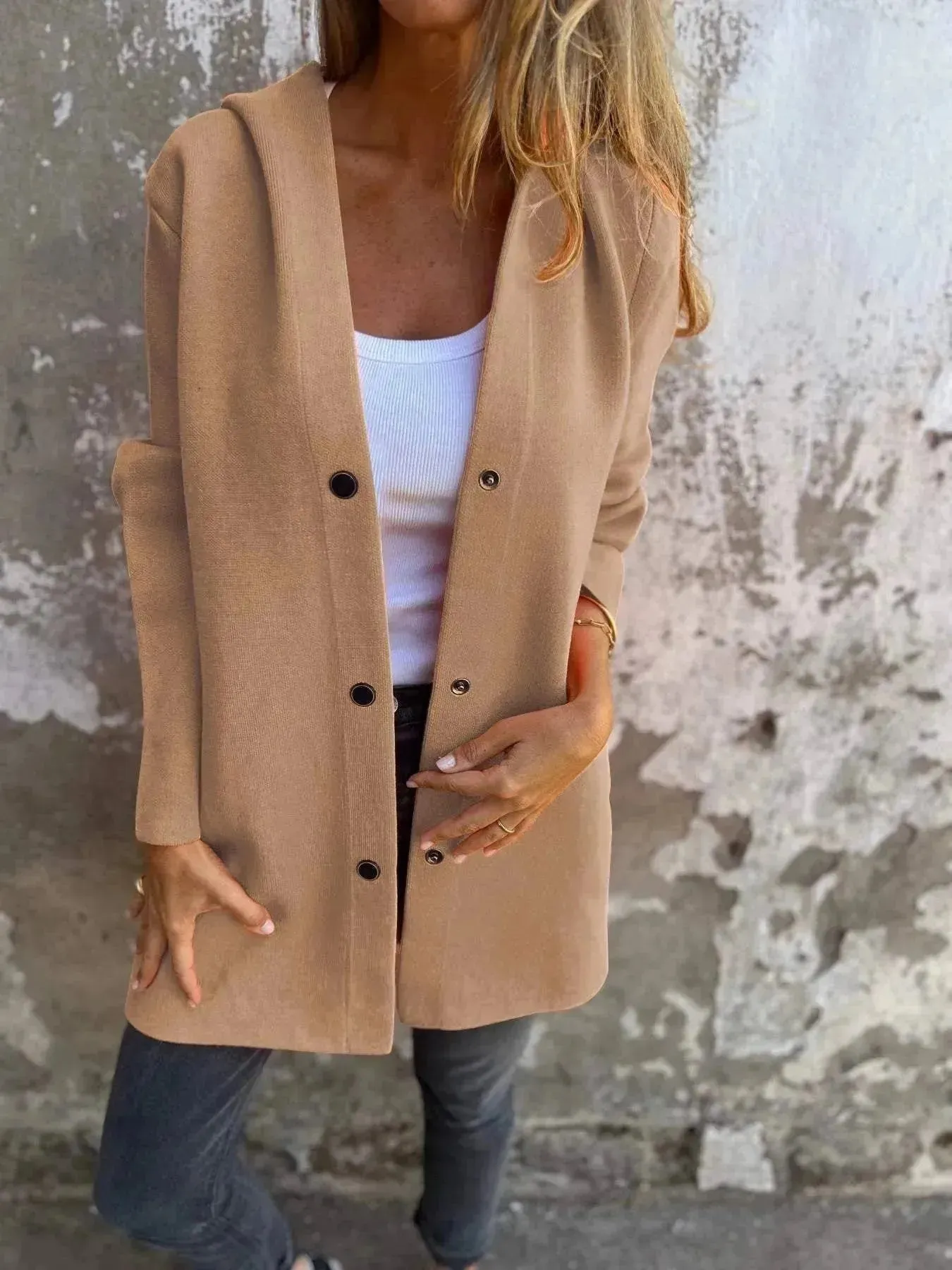 Fall Casual Single Breasted Hooded Cashmere Cardigan Jacket for women