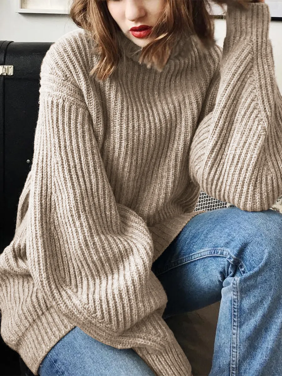 Fashion High-neck Wide-sleeved Chunky Knitted Sweater