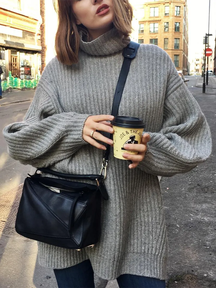 Fashion High-neck Wide-sleeved Chunky Knitted Sweater