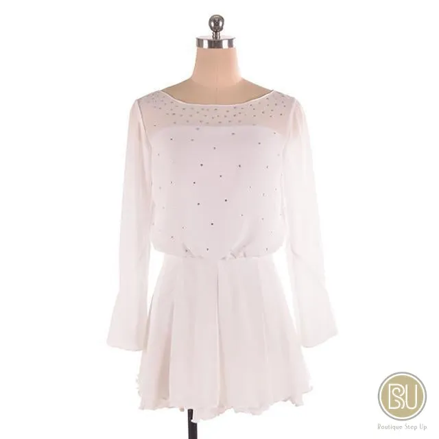 Figure Skating Dresses Rhinestones White Chiffon Long Sleeves sIze 8 to AXXL, BSU9154