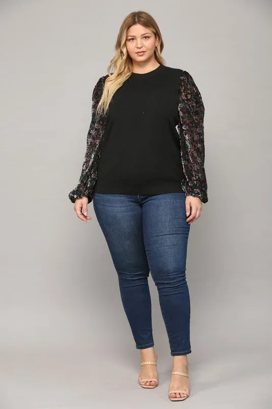 Floral Burnout Sleeve Sweater in Curvy