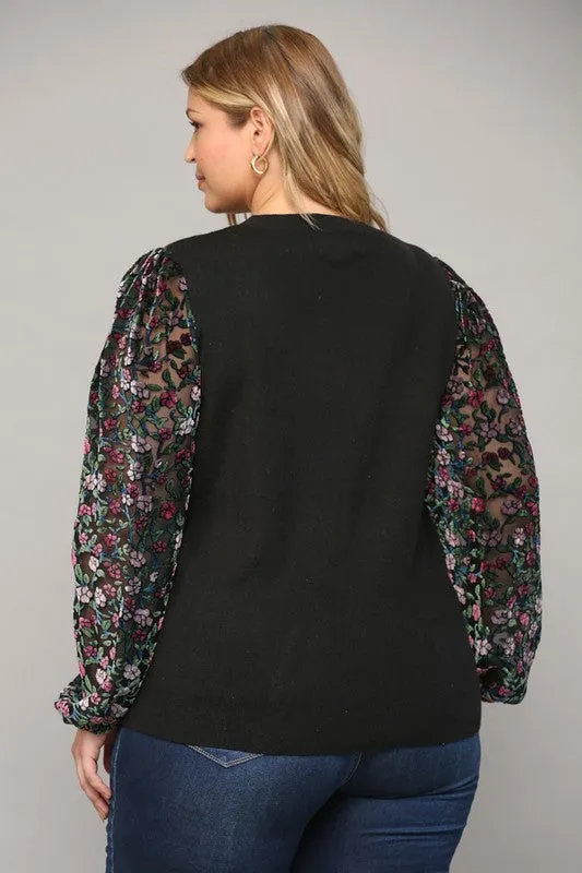 Floral Burnout Sleeve Sweater in Curvy