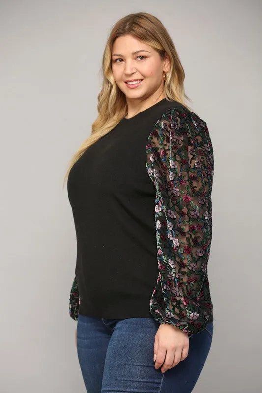 Floral Burnout Sleeve Sweater in Curvy