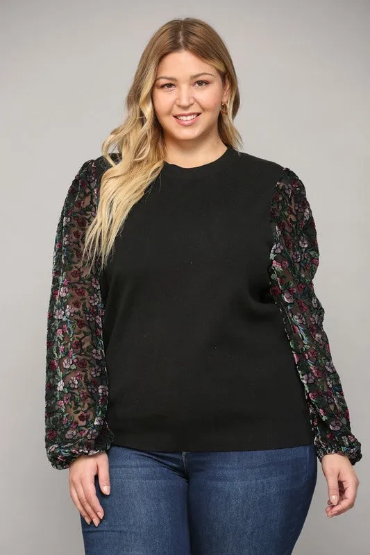 Floral Burnout Sleeve Sweater in Curvy