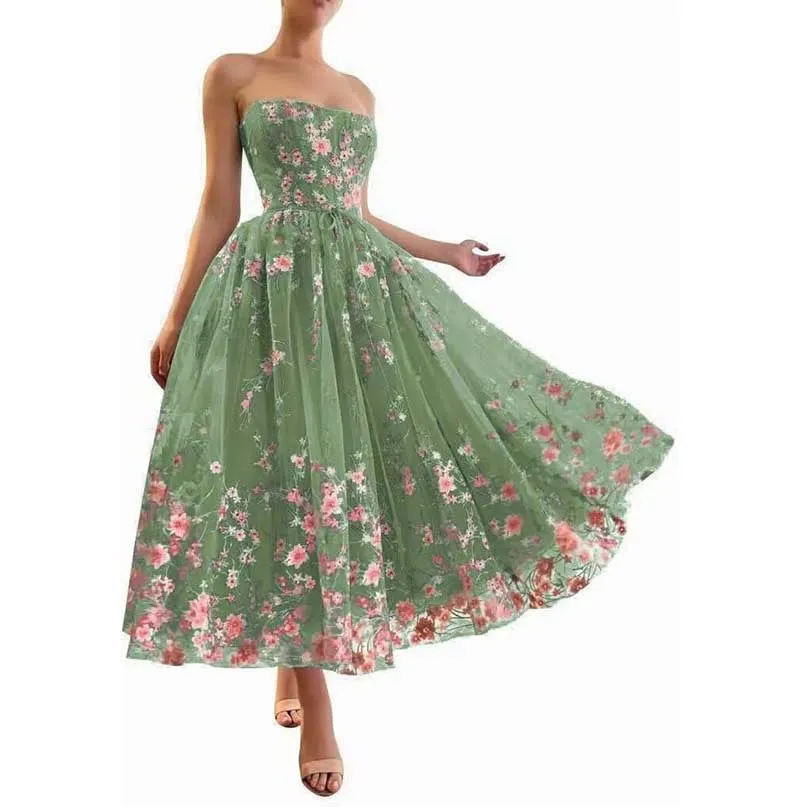 Flower Tea Length Embroidered Tulle Lace Formal Dress School Event Dress