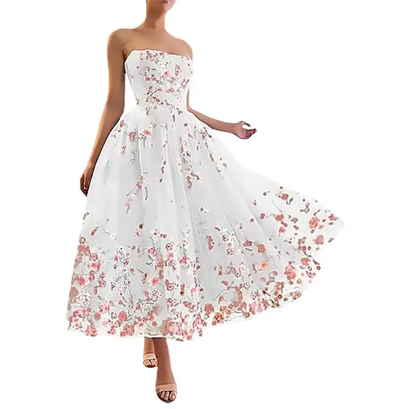 Flower Tea Length Embroidered Tulle Lace Formal Dress School Event Dress