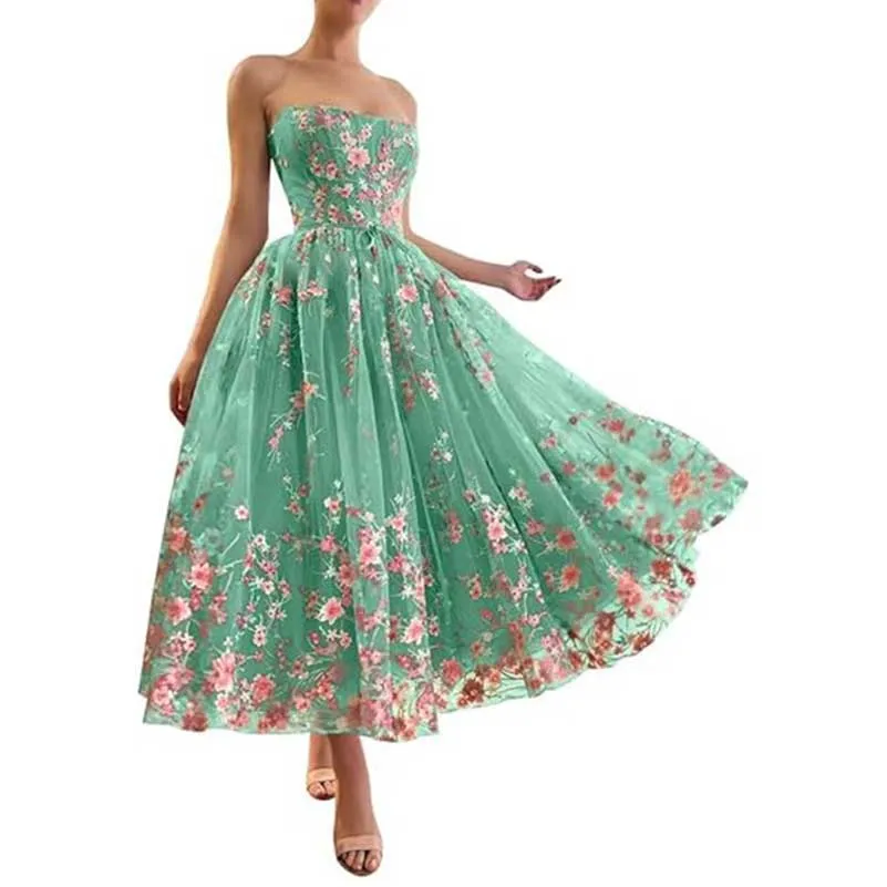 Flower Tea Length Embroidered Tulle Lace Formal Dress School Event Dress