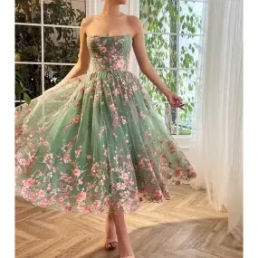 Flower Tea Length Embroidered Tulle Lace Formal Dress School Event Dress