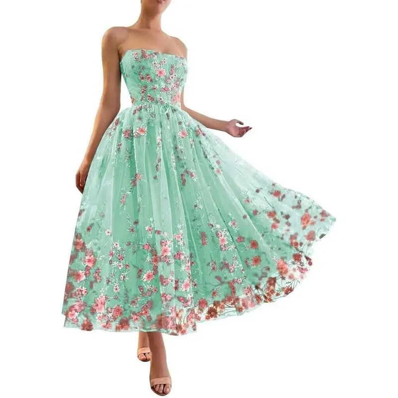 Flower Tea Length Embroidered Tulle Lace Formal Dress School Event Dress