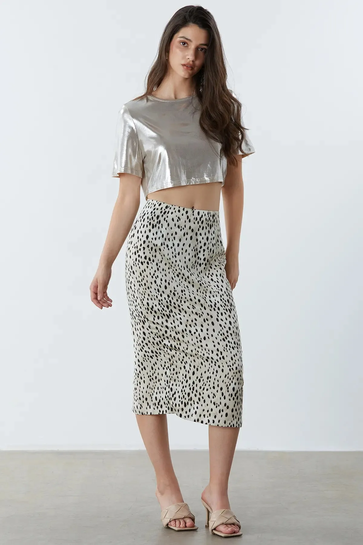 Foil Print Split Backless Crop Top