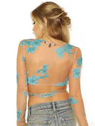 For Love And Lemons "Orchid" Crop Top See Thru With Light Blue Flowers Long Sleeve Festival Shirt Wrapping Ties Small Medium Or Large