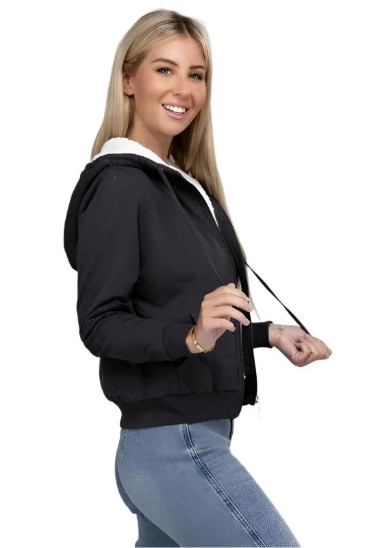 Fuzzy Trim Zip-Up Crop Hoodie