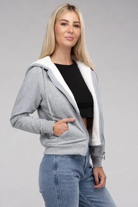 Fuzzy Trim Zip-Up Crop Hoodie