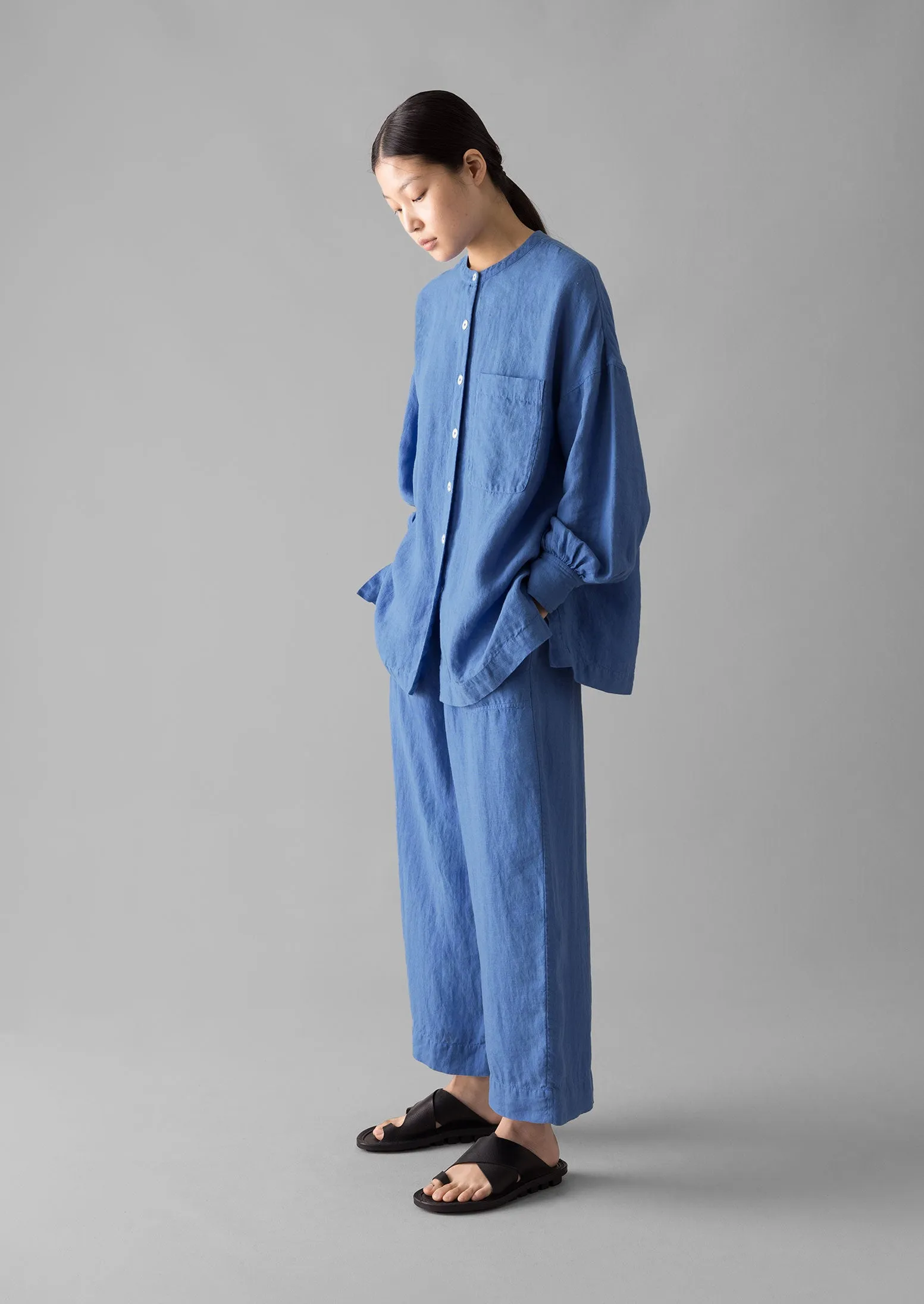 Garment Dyed Linen Barrel Leg Trousers | Blue Violane