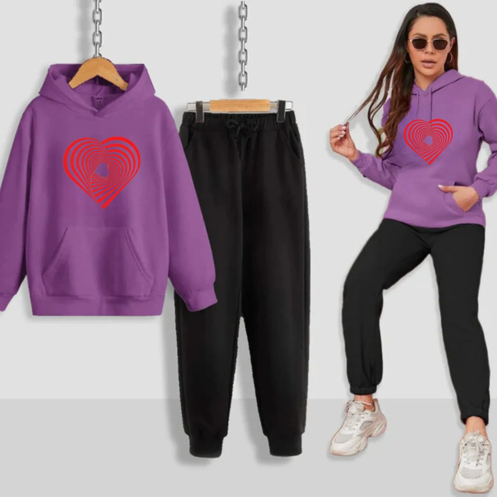 Geometrical Heart Printed Women Hoodie Set