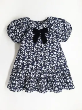 Girls Navy Blue & White Round Neck Cotton Dress