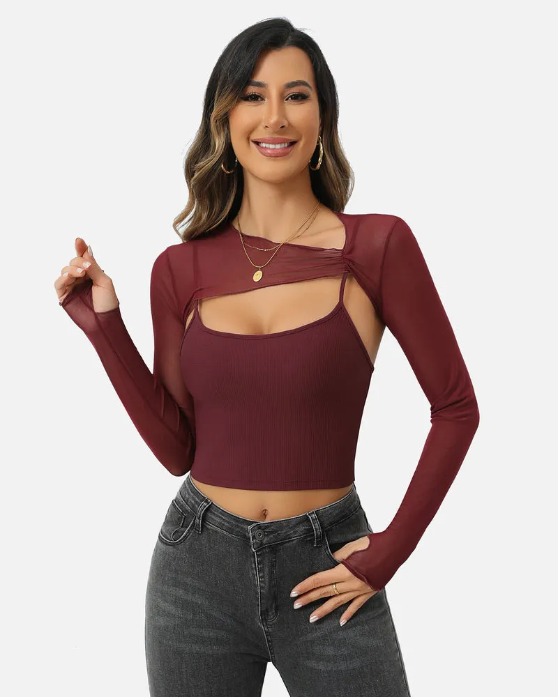 Halloween Mesh Crop Top with Cami Top Sets