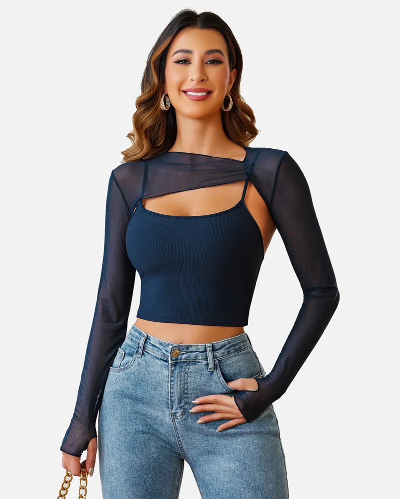 Halloween Mesh Crop Top with Cami Top Sets