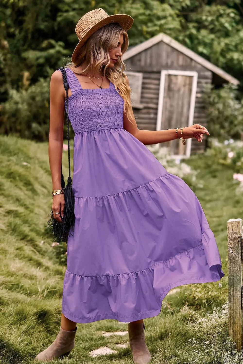 Harriet Boho Smocked Square Neck Tiered Dress