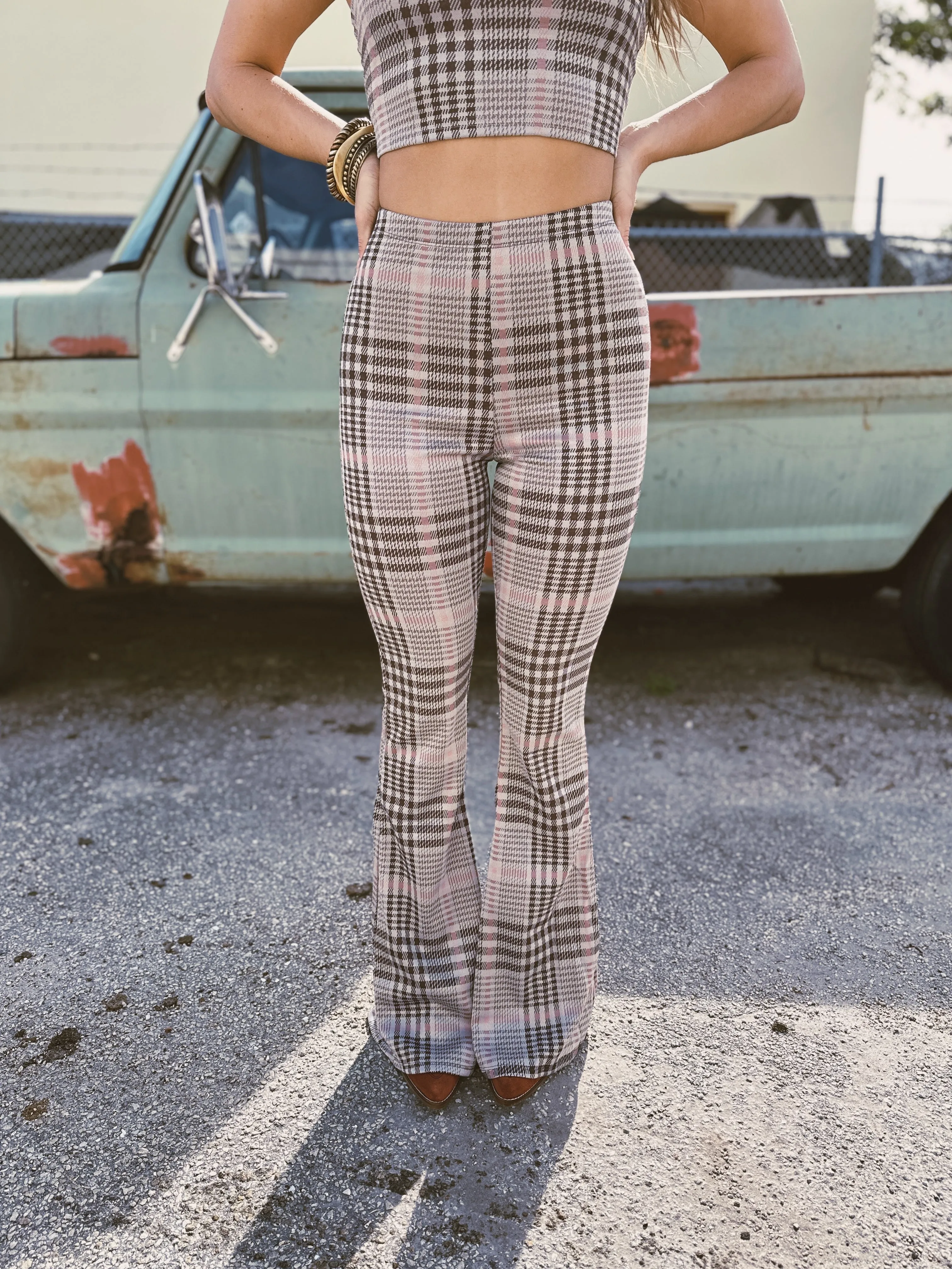 Hey Judith Jumbo Plaid Print Bell Bottom & Crop Top Set