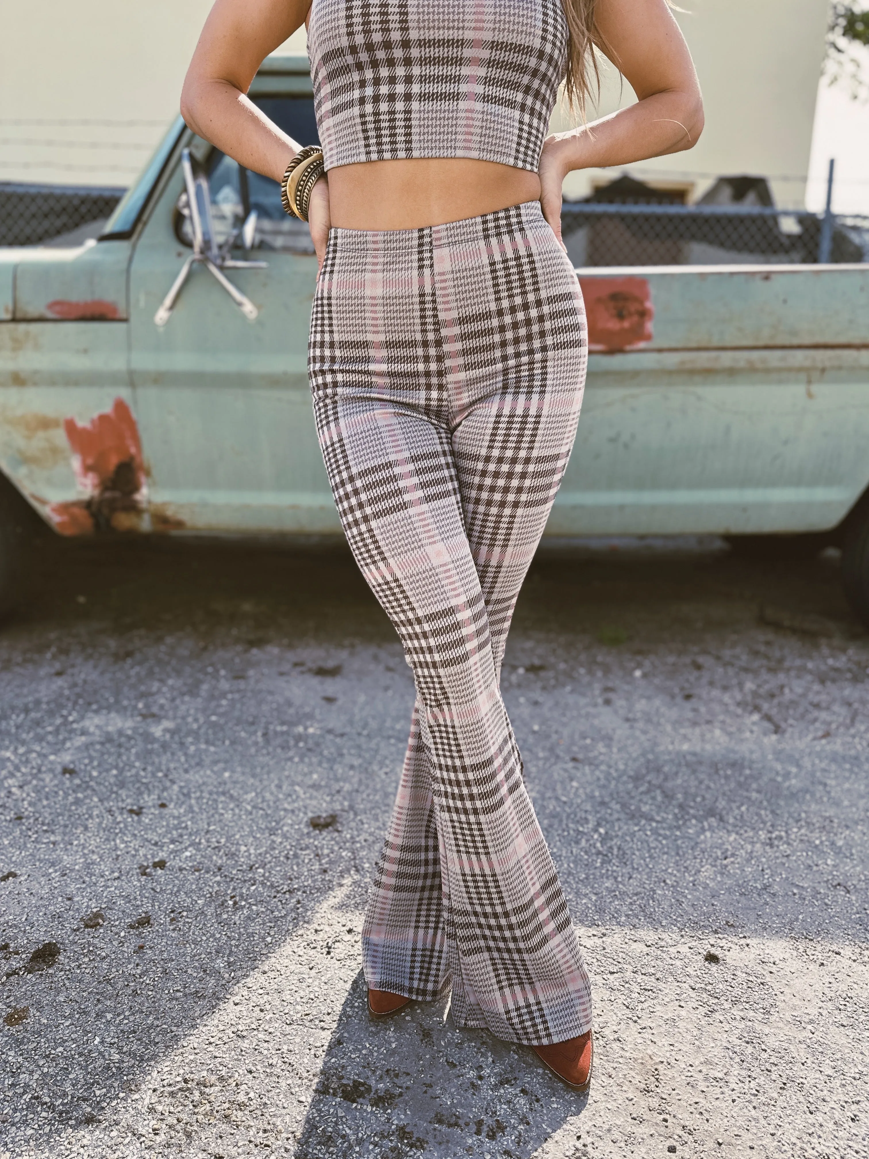 Hey Judith Jumbo Plaid Print Bell Bottom & Crop Top Set