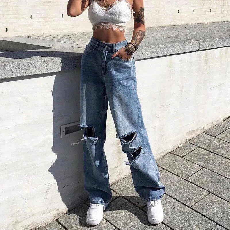 High Waist Women's Loose Destroyed Hole Denim Mopping Pants