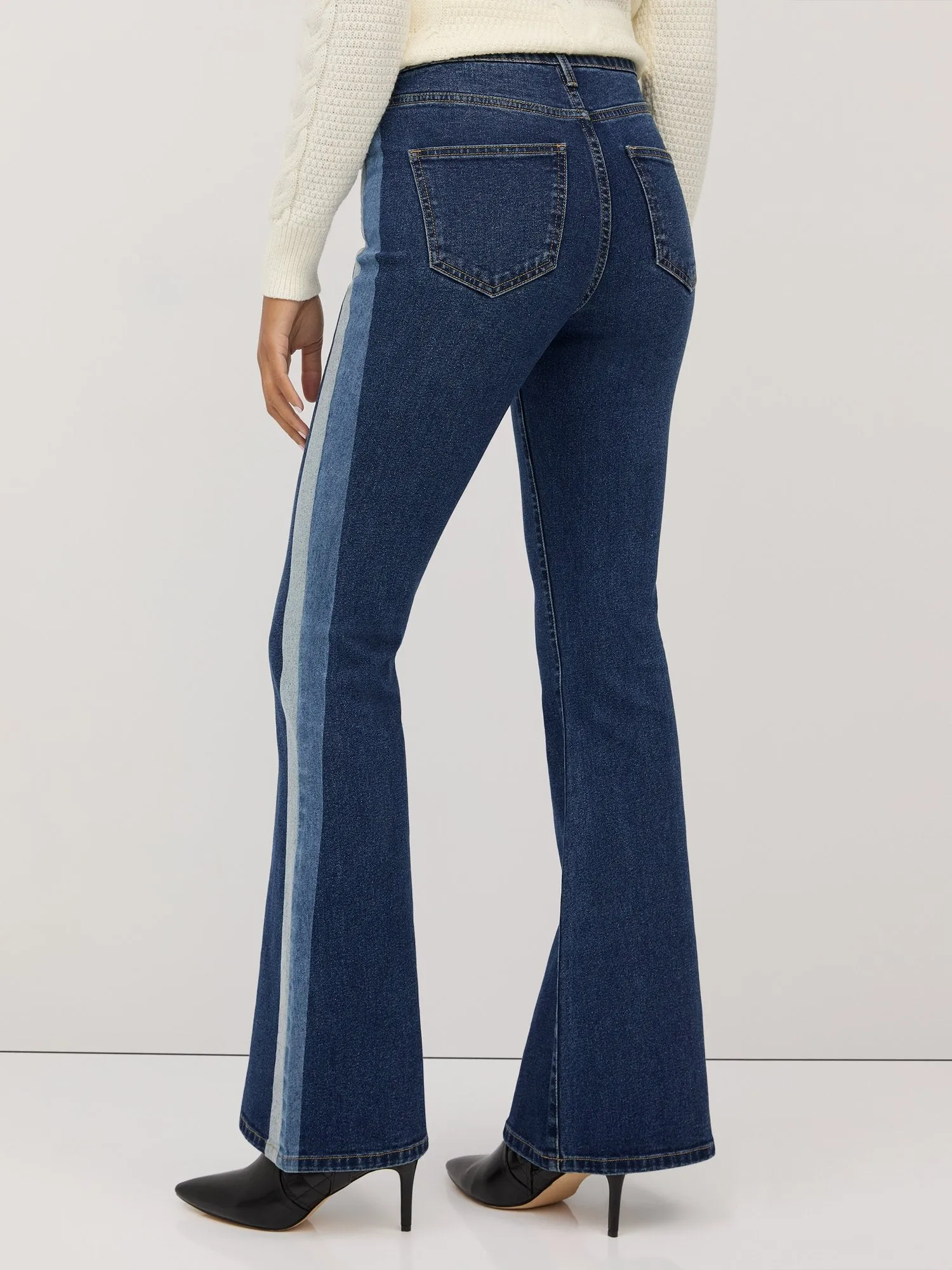 High-Waisted Side-Stripe Flare Jeans - Dark Wash