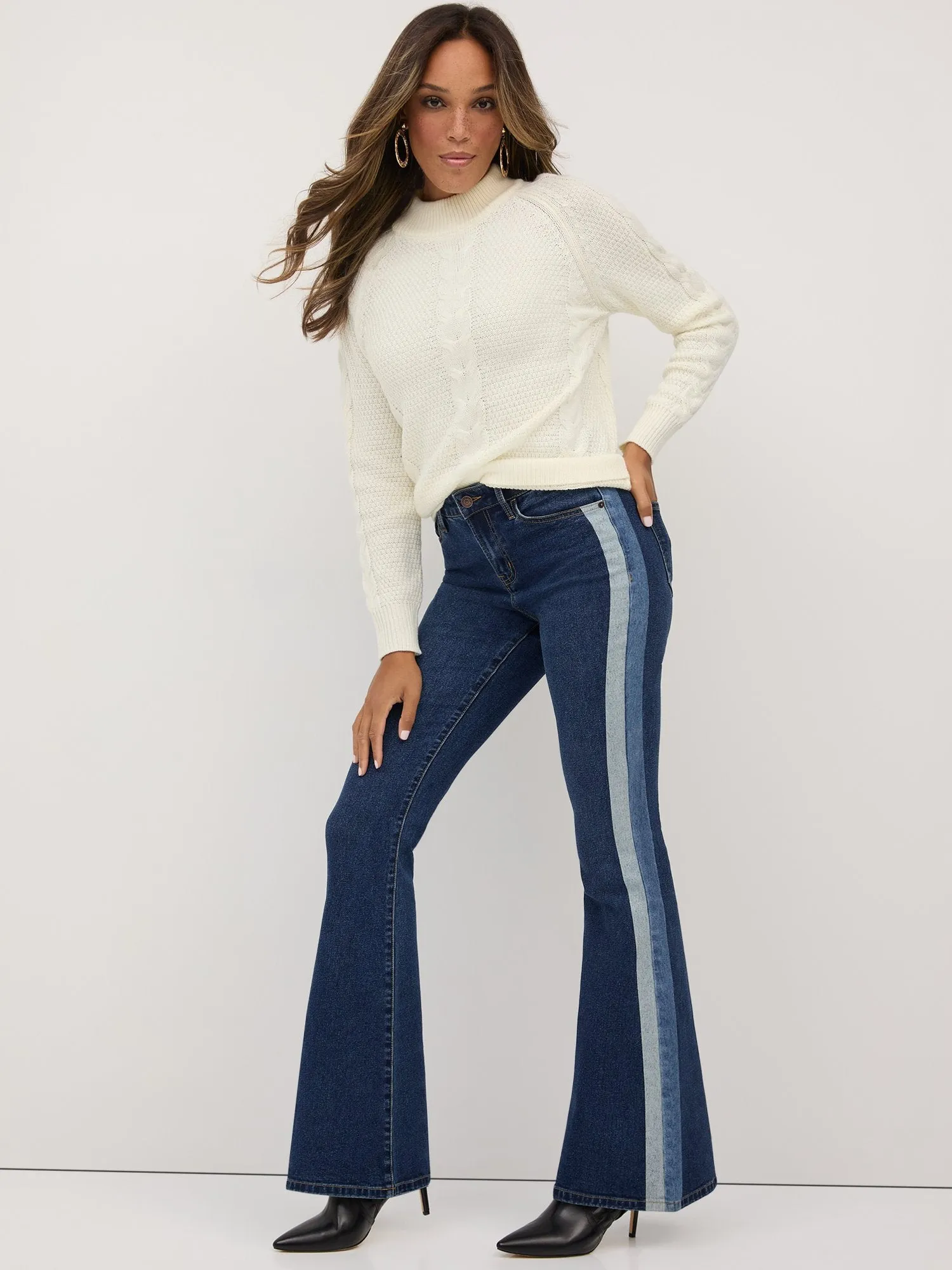 High-Waisted Side-Stripe Flare Jeans - Dark Wash