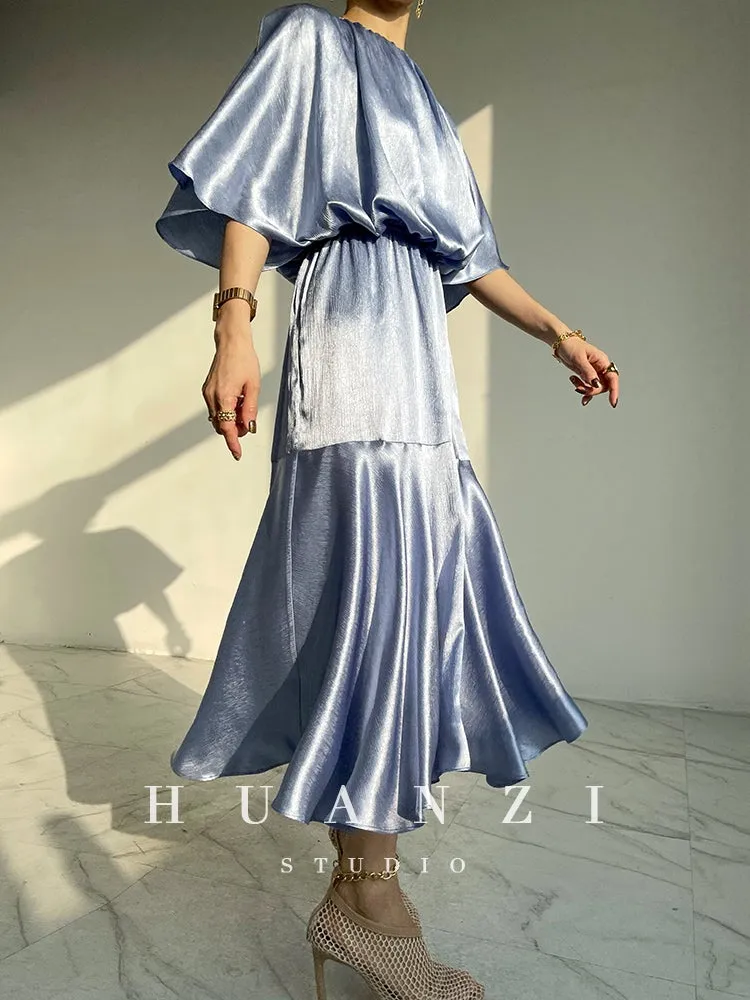 HUANZI custom designer acetic loose short-sleeved silky elegant dress -Leila passion