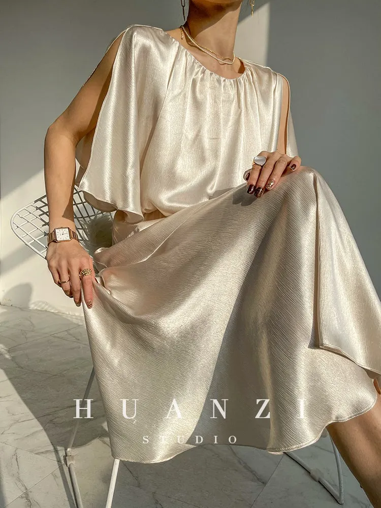 HUANZI custom designer acetic loose short-sleeved silky elegant dress -Leila passion