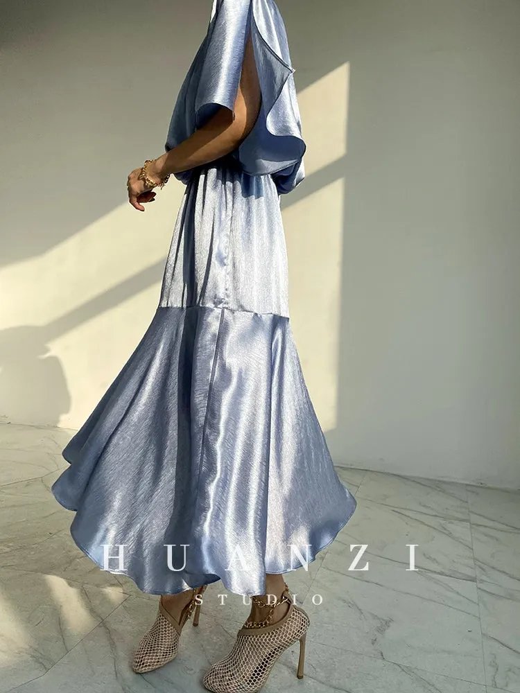 HUANZI custom designer acetic loose short-sleeved silky elegant dress -Leila passion