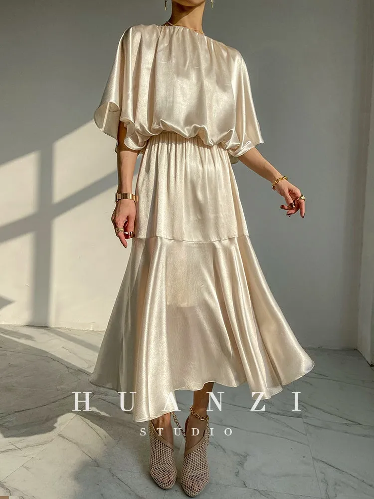 HUANZI custom designer acetic loose short-sleeved silky elegant dress -Leila passion