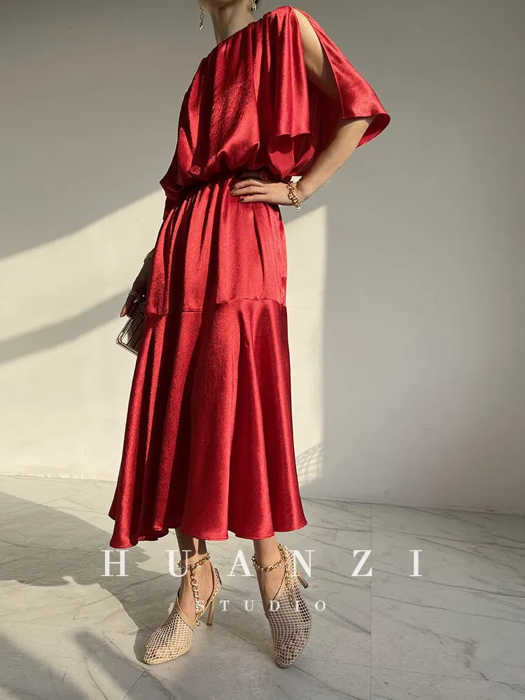 HUANZI custom designer acetic loose short-sleeved silky elegant dress -Leila passion