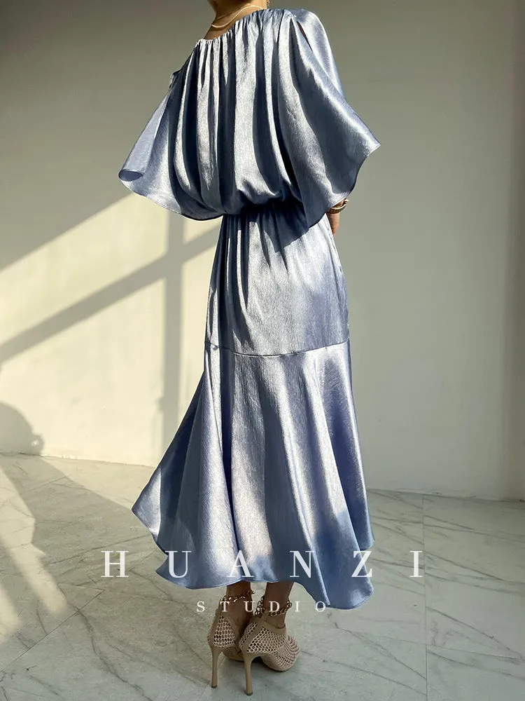 HUANZI custom designer acetic loose short-sleeved silky elegant dress -Leila passion