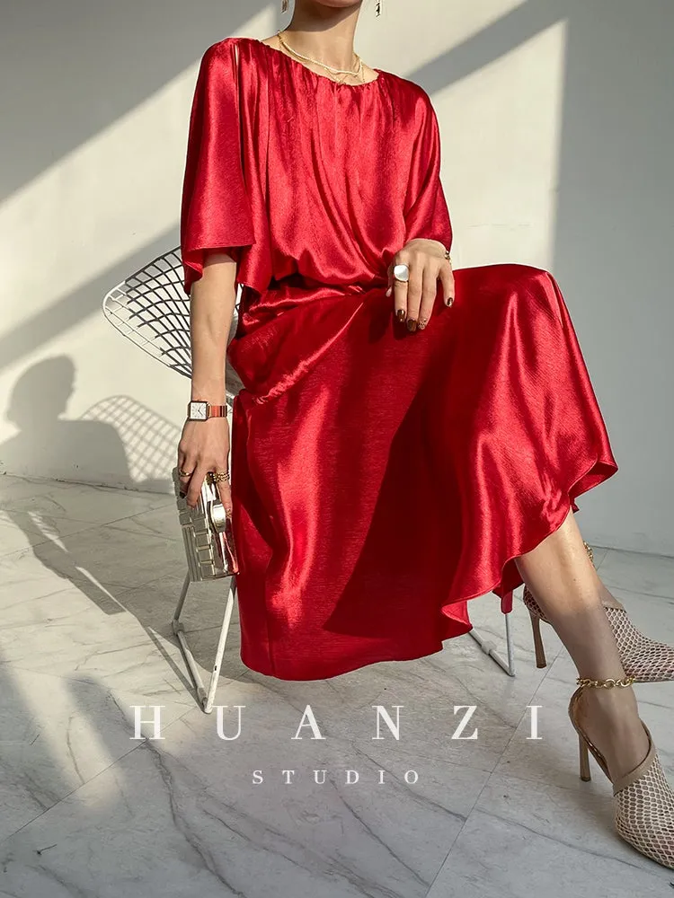 HUANZI custom designer acetic loose short-sleeved silky elegant dress -Leila passion