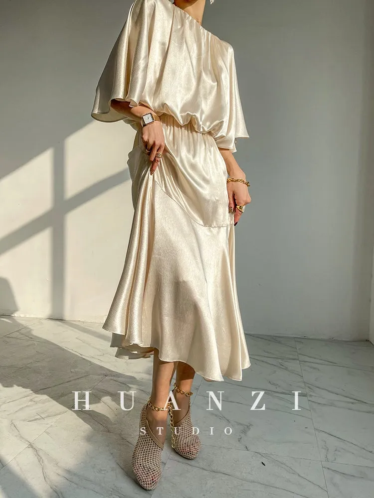 HUANZI custom designer acetic loose short-sleeved silky elegant dress -Leila passion