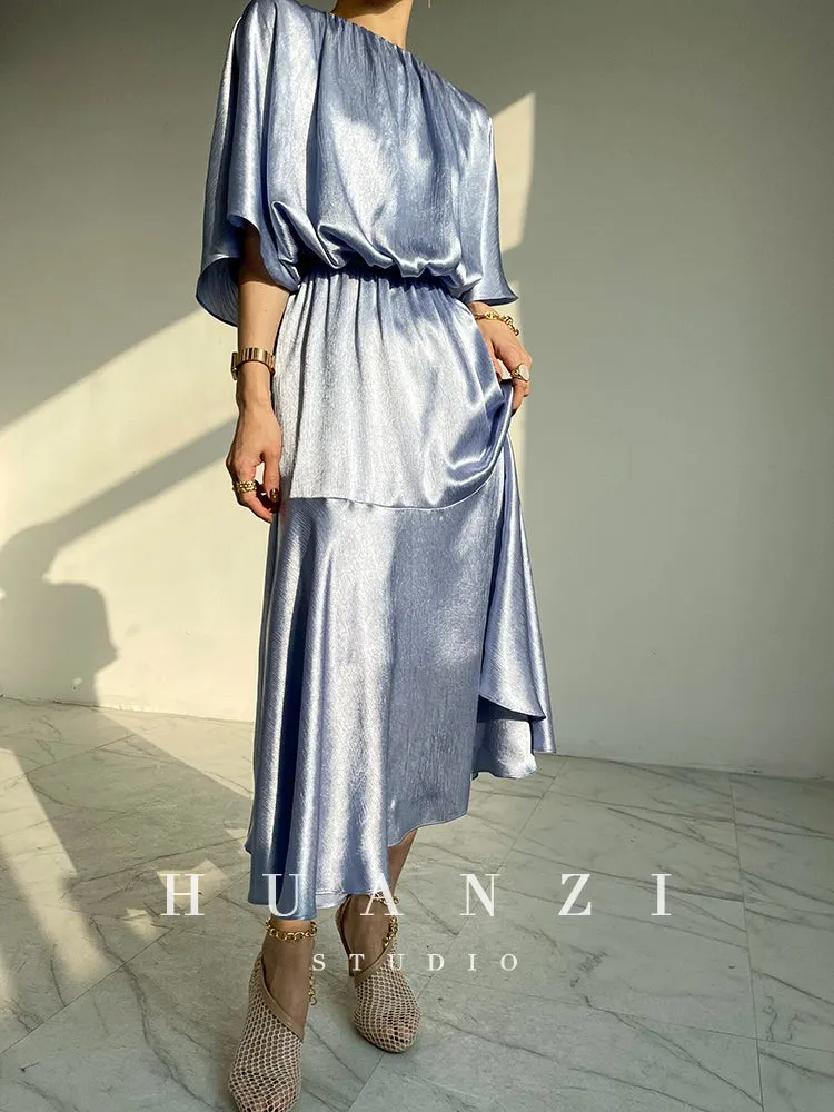 HUANZI custom designer acetic loose short-sleeved silky elegant dress -Leila passion