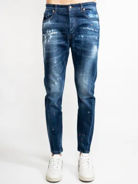 Jeans con Schizzi di Vernice Blu