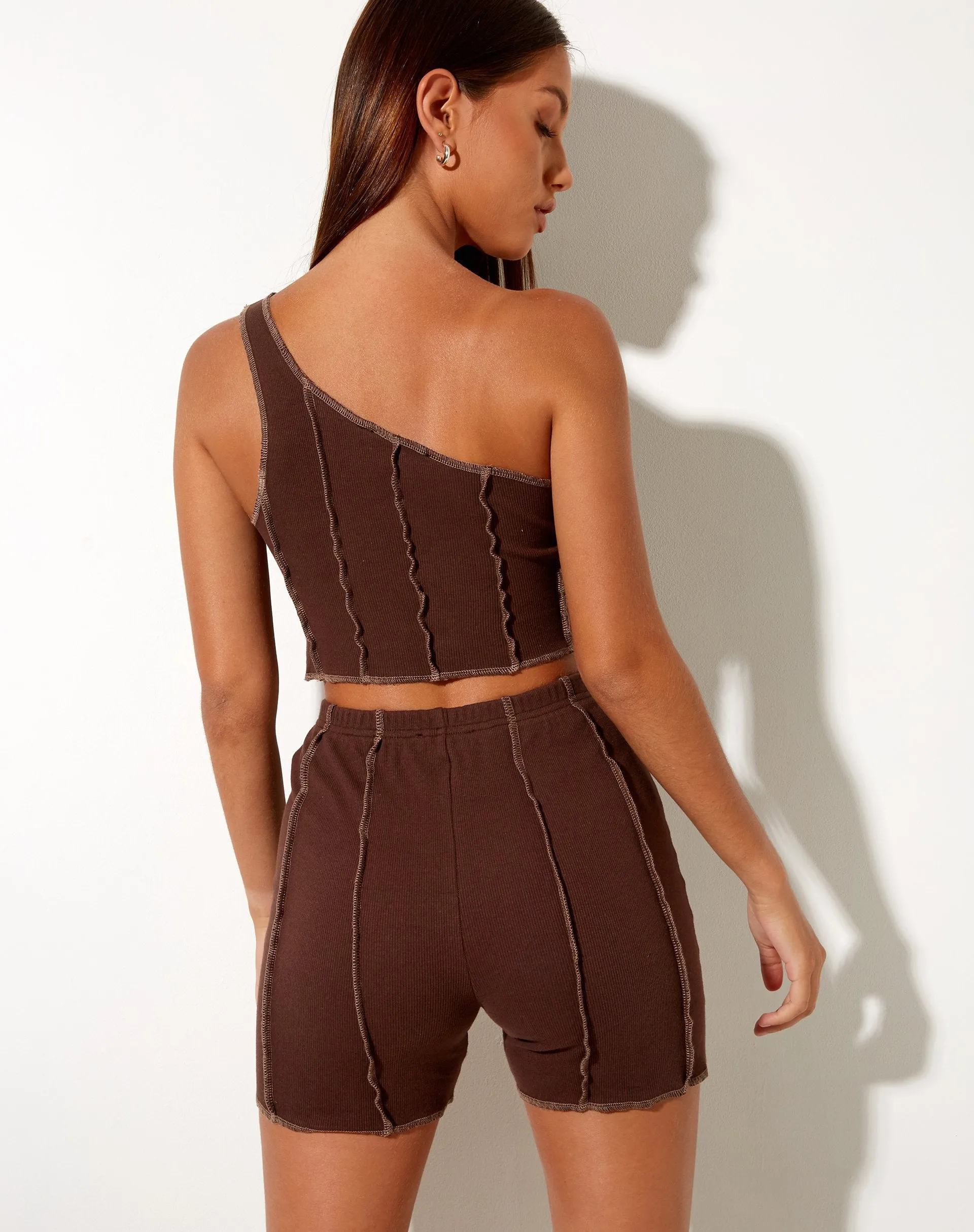 Kala Shorts in Rib Deep Mahogany with Brown Stitching