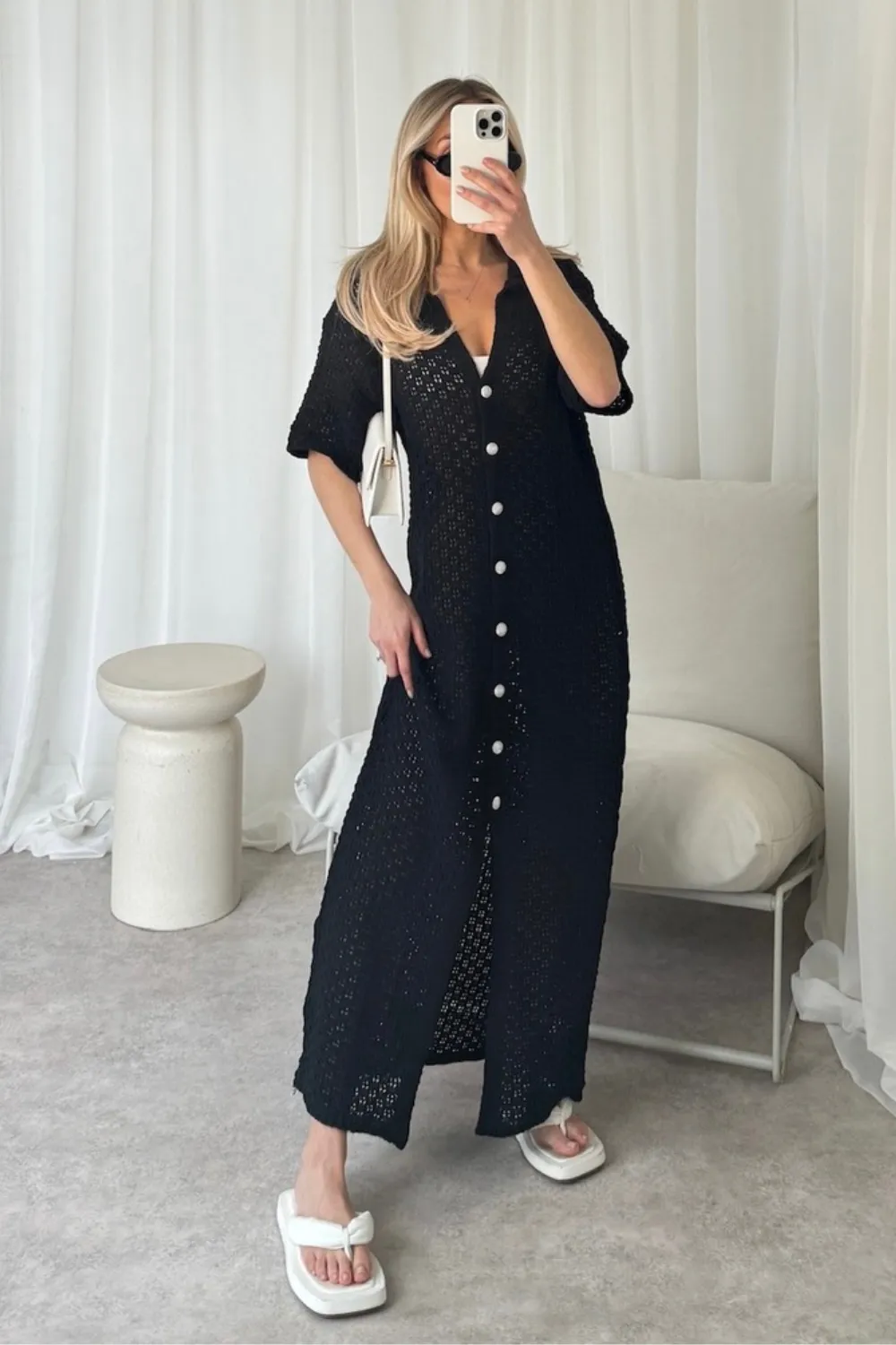 Kerris black Long Crochet Cardigan