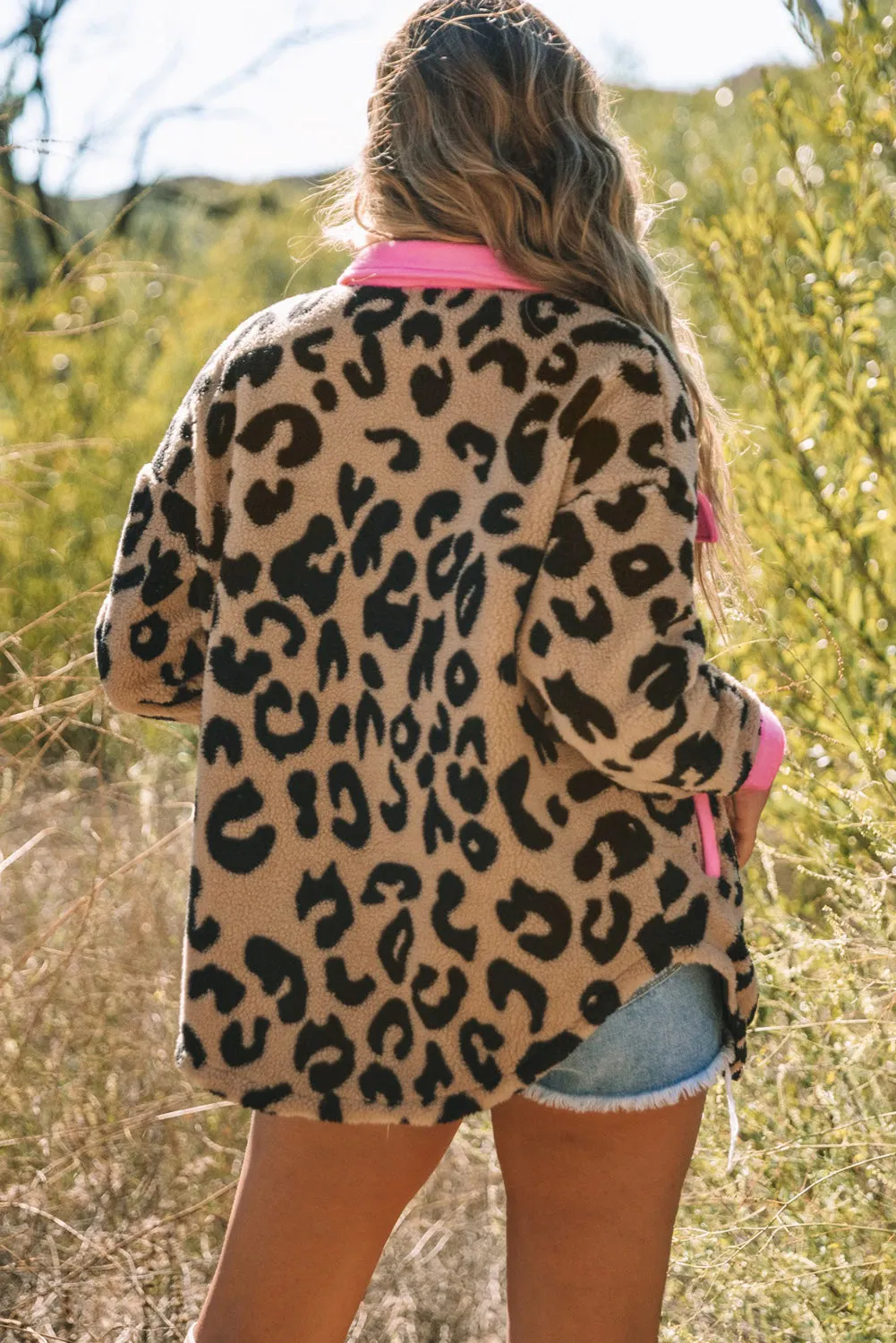 Leopard  Pink Contrast Teddy Shacket with Pockets