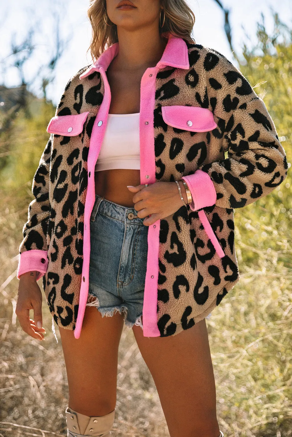 Leopard  Pink Contrast Teddy Shacket with Pockets