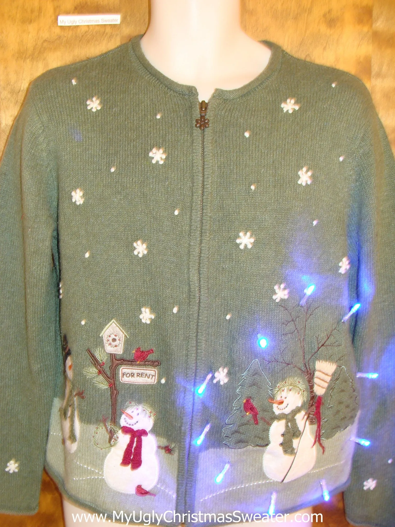 Light Up Green Cheesy Christmas Sweater with Snowmen