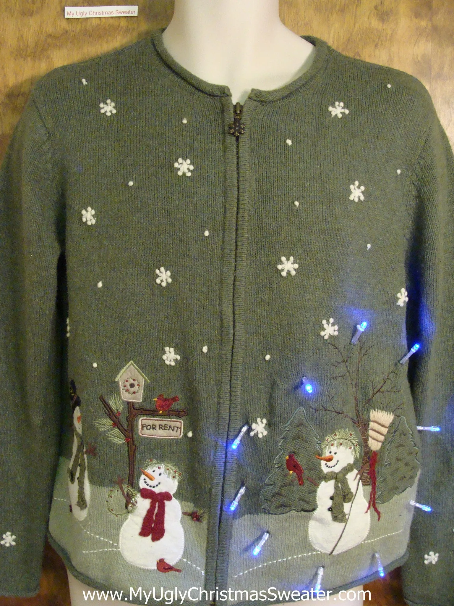 Light Up Green Cheesy Christmas Sweater with Snowmen