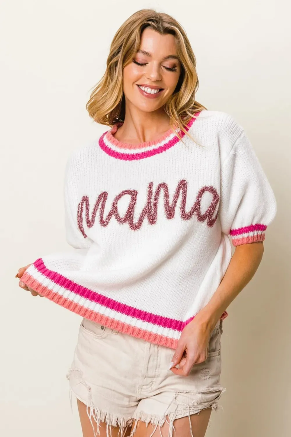 MAMA Contrast Trim Short Sleeve Sweater