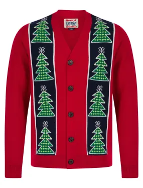 Men's Osier Christmas Tree Pattern Novelty Knitted Christmas Cardigan in George Red - Merry Christmas