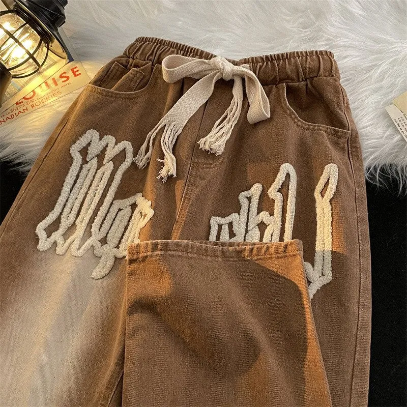 Men's Y2K Letter Embroidery Clothes Baggy Jeans Elastic Drawstring Wide Jogger Pants Streetwear For Men Korean Style Black